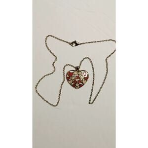 Avon NRT Enamel Mosaic Heart Necklace Gold Tone Red & Cream Hearts Pendant 18"